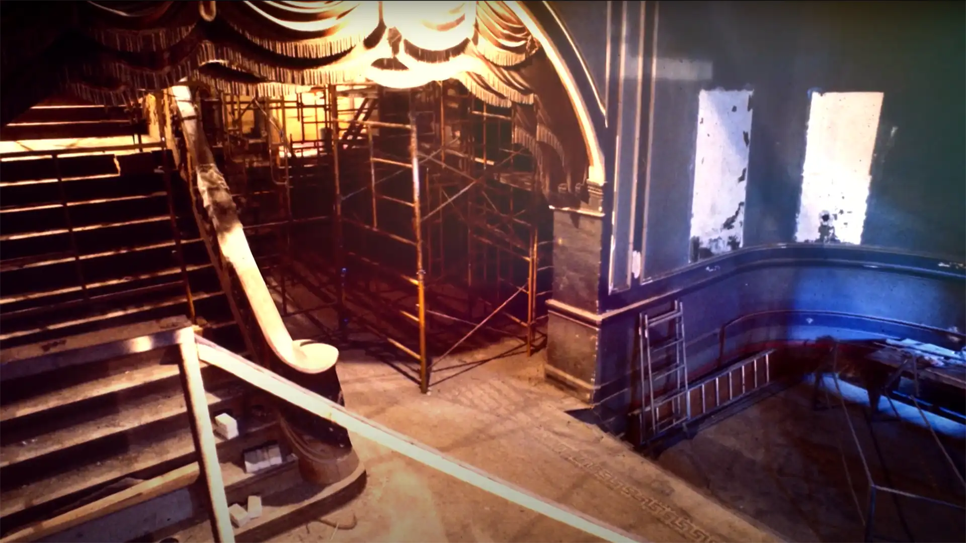 photo showing the interior of the Elgin theater with scaffolding.