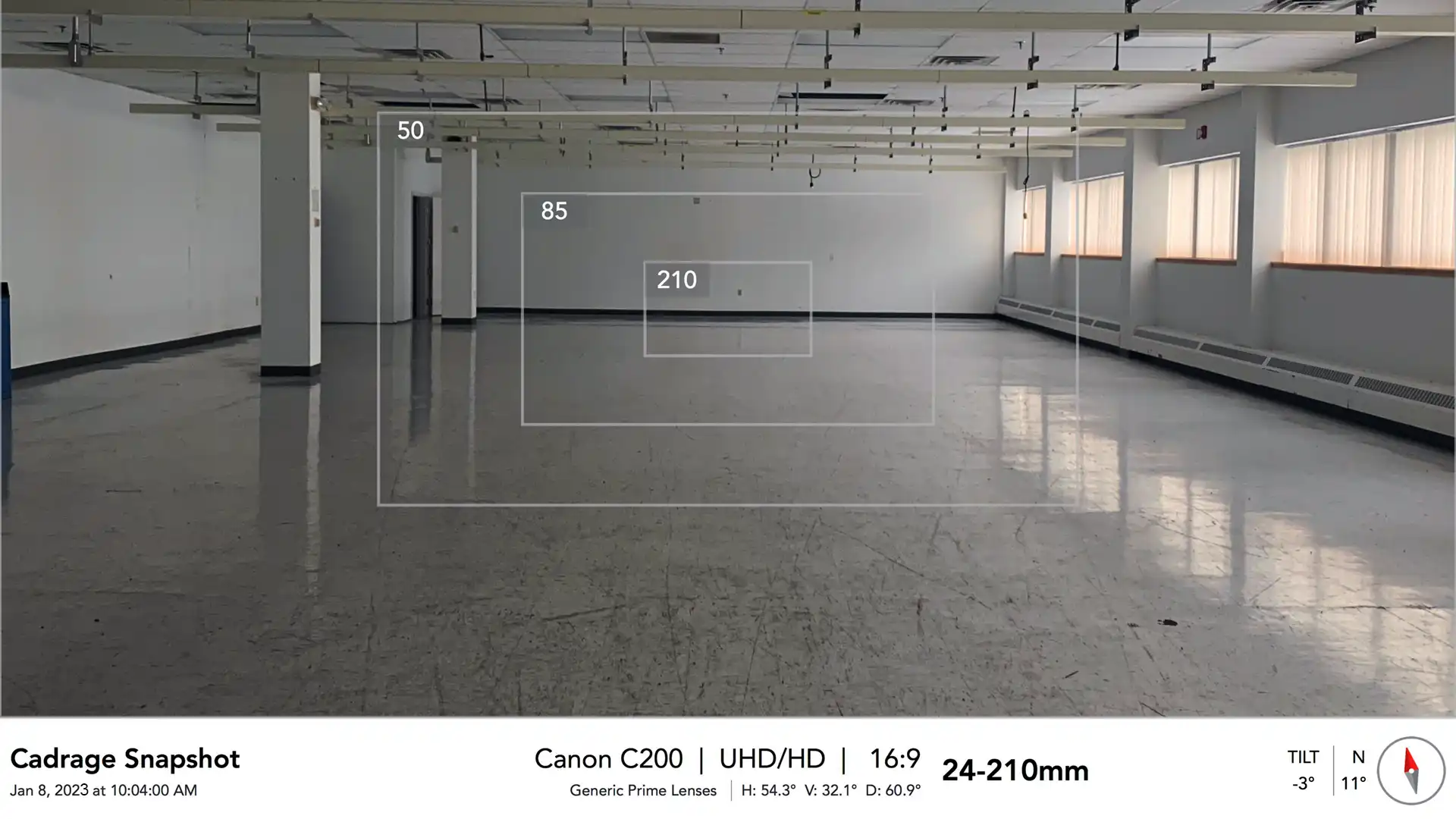 photo of a large empty office space taken while on a location scout for bob anderson. photo has an overlay from a phone app to show options for camera lens crops.